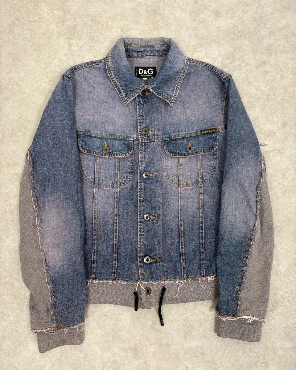 2000s Dolce & Gabbana Blue Distressed Hybrid Denim Jacket Distressed