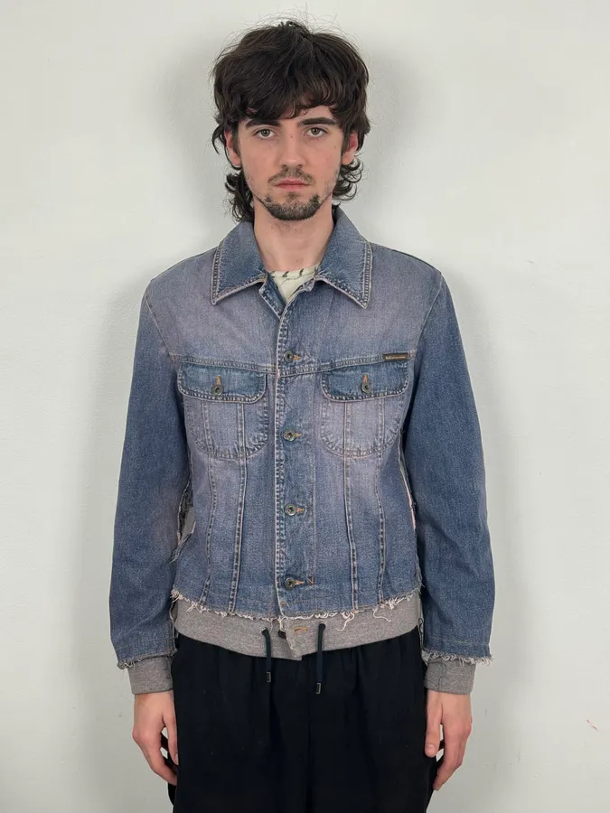 2000s Dolce & Gabbana Blue Distressed Hybrid Denim Jacket Distressed - Image 2