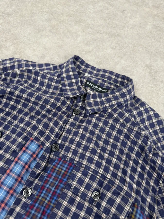 2000s Dolce & Gabbana Blue Irregular Checkered Shirt - Image 5