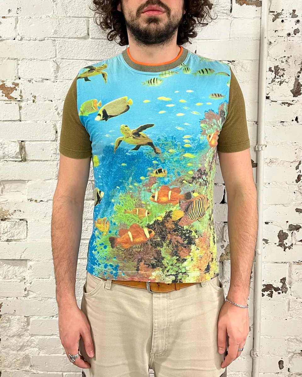 2000s Dolce & Gabbana Blue Underwater Marine Print T-Shirt - Image 2