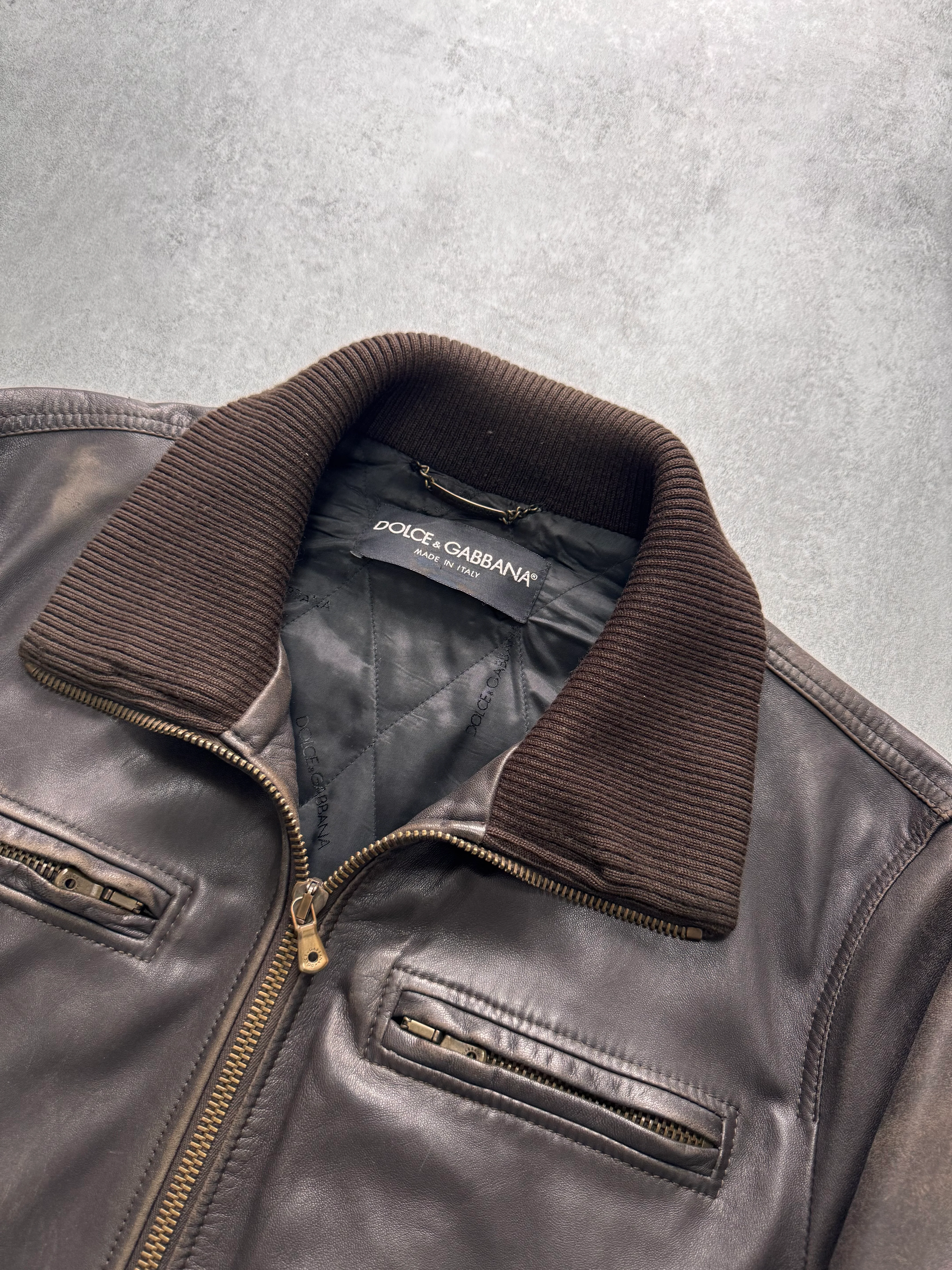 2000s Dolce & Gabbana Brown Aviator Aged Leather Jacket - Image 2