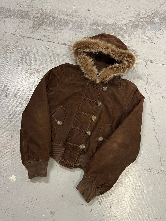2000s Dolce & Gabbana Brown Corduroy Fur Hood Buttoned Jacket - Image 4