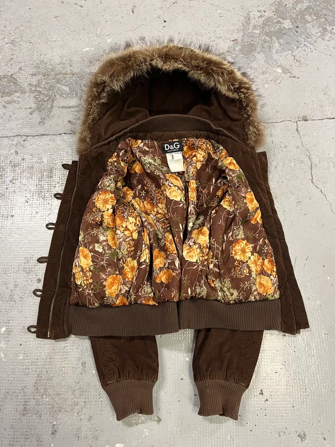 2000s Dolce & Gabbana Brown Corduroy Fur Hood Buttoned Jacket - Image 8