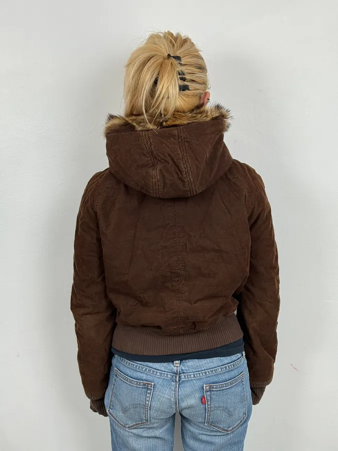 2000s Dolce & Gabbana Brown Corduroy Fur Hooded Bomber Jacket - Image 3