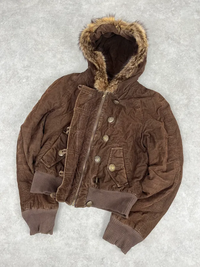 2000s Dolce & Gabbana Brown Corduroy Fur Hooded Bomber Jacket - Image 4