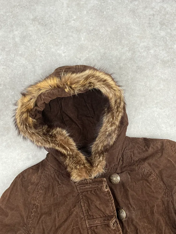 2000s Dolce & Gabbana Brown Corduroy Fur Hooded Bomber Jacket - Image 5