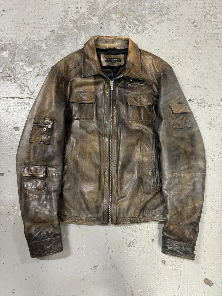 2000s Dolce & Gabbana Brown Eroded Leather Jacket