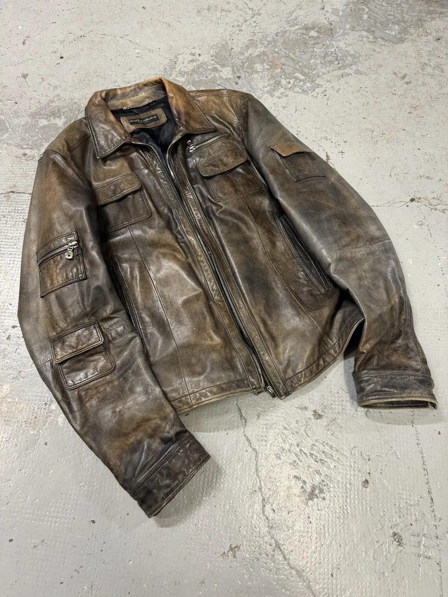 2000s Dolce & Gabbana Brown Eroded Leather Jacket - Image 9