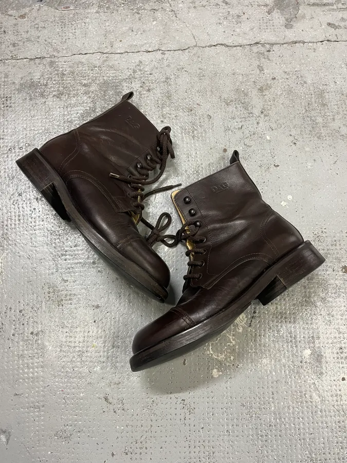 2000s Dolce & Gabbana Brown Leather Combat Boots - Image 3