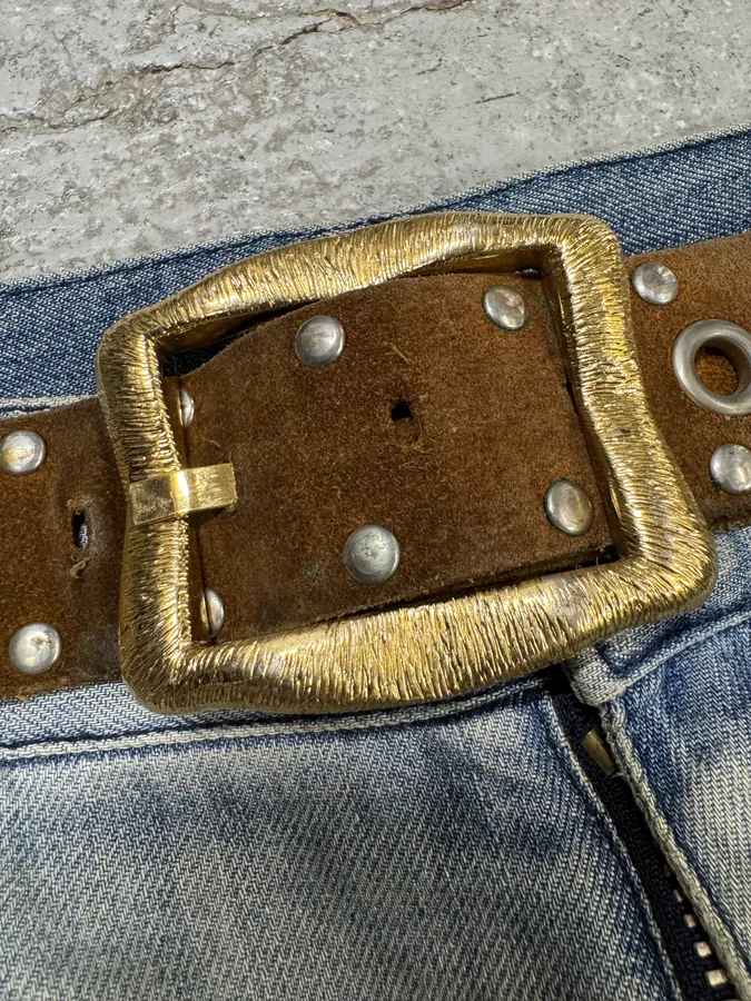 2000s Dolce & Gabbana Brown Leather Eyled Embellished Belt - Image 3