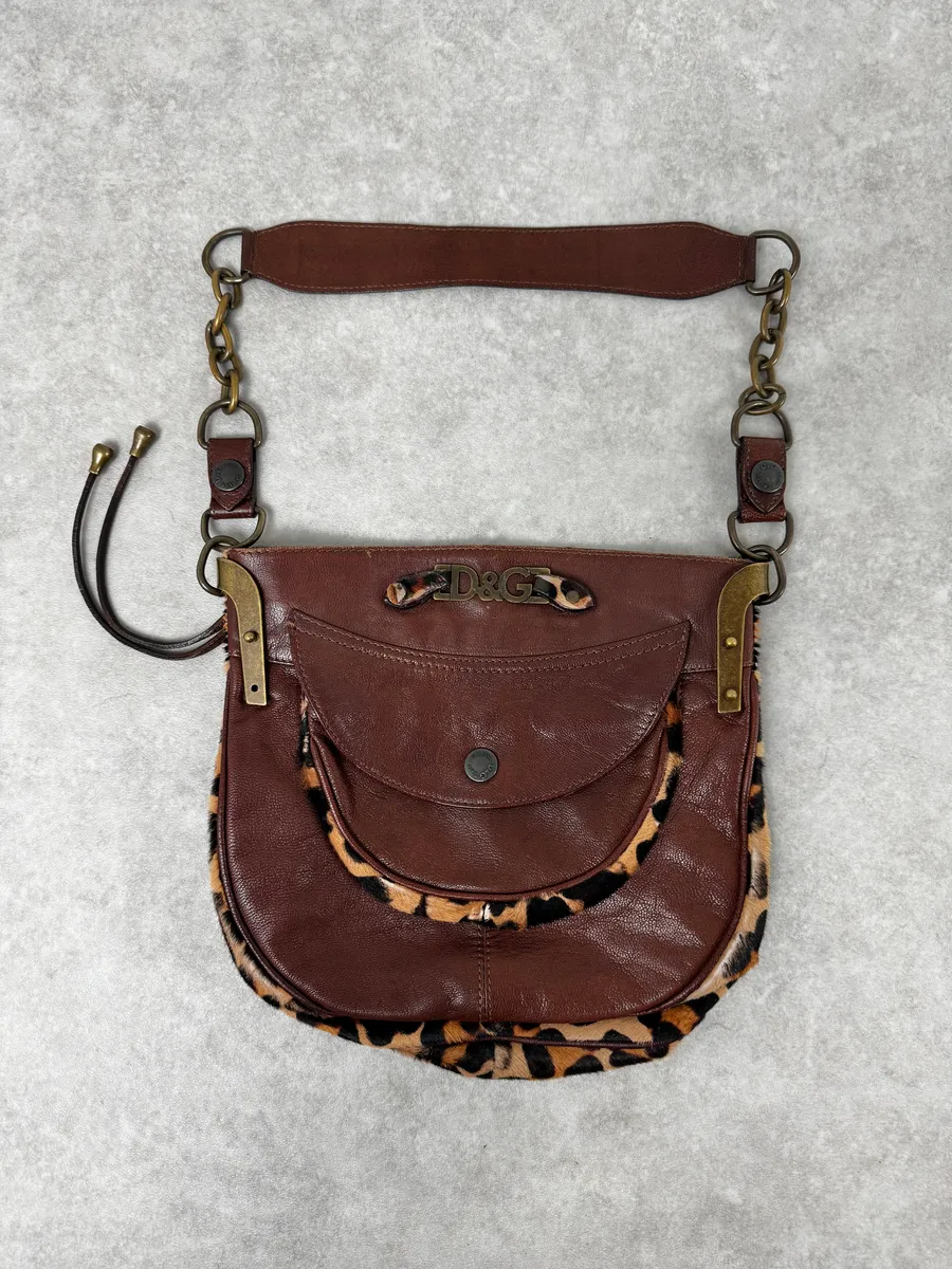 2000s Dolce & Gabbana Brown Leather Leopard Handle Bag