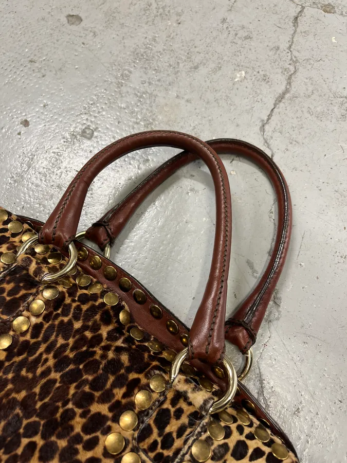 2000s Dolce & Gabbana Brown Leather Leopard Handle Bag - Image 6
