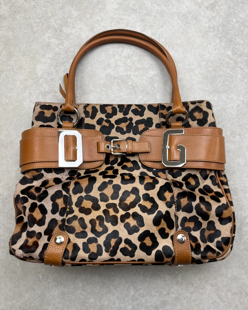 2000s Dolce & Gabbana Brown Leather Leopard Pony Hair Handle Bag