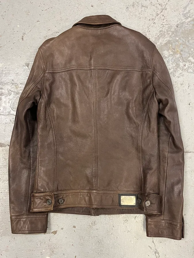 2000s Dolce & Gabbana Brown Leather Trucker Jacket - Image 7