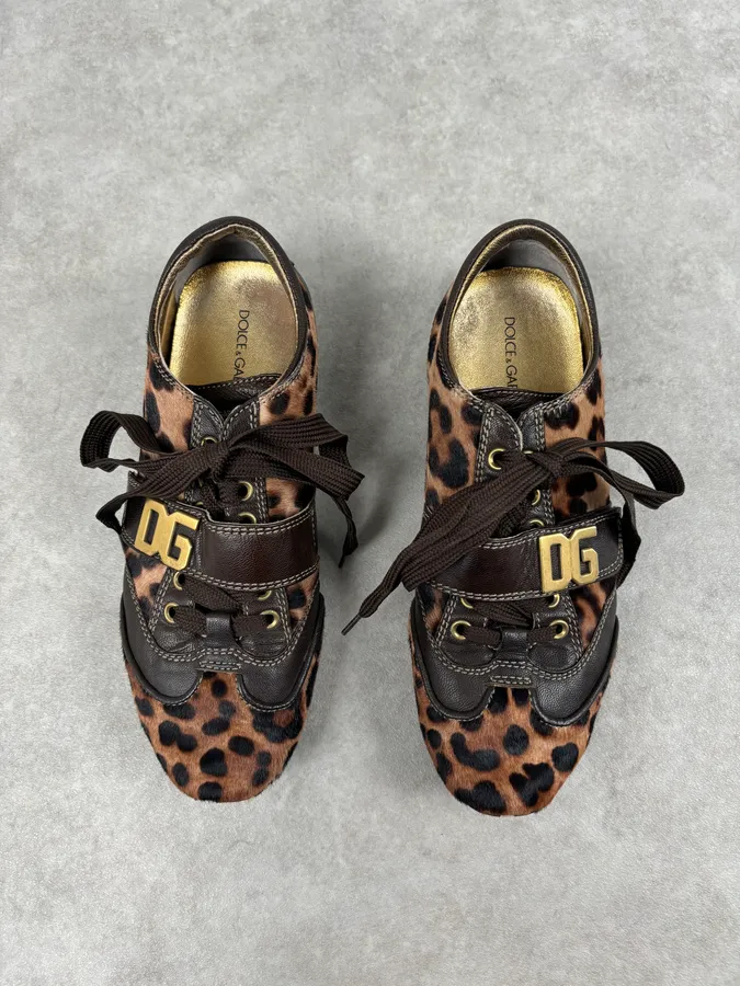 2000s Dolce & Gabbana Brown Leopard Pony Hair Leather Sneakers - Image 2