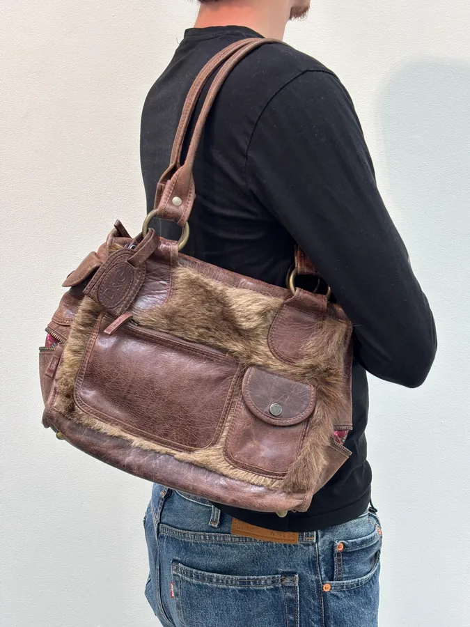 2000s Dolce & Gabbana Brown Multi-Pocket Fur Handle Bag - Image 4