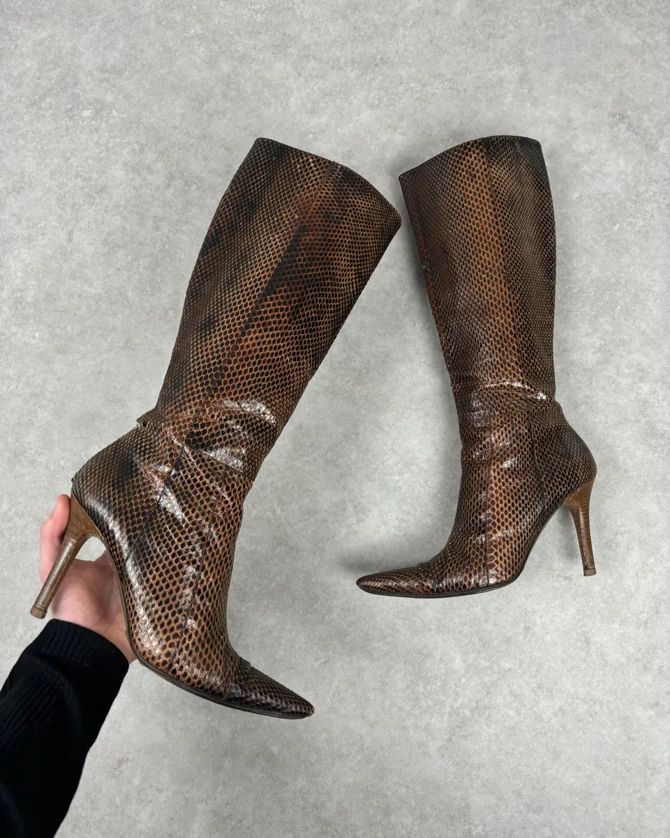 2000s Dolce & Gabbana Brown Python Leather Knee-High Heeled Boots