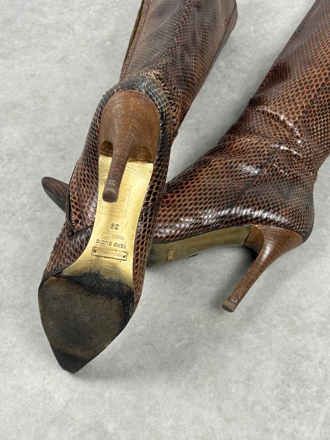 2000s Dolce & Gabbana Brown Python Leather Knee-High Heeled Boots - Image 12