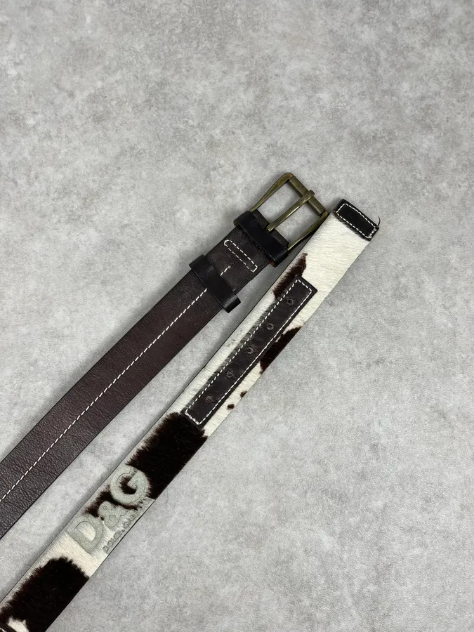 2000s Dolce & Gabbana Brown & White Fur Leather Belt - Image 3