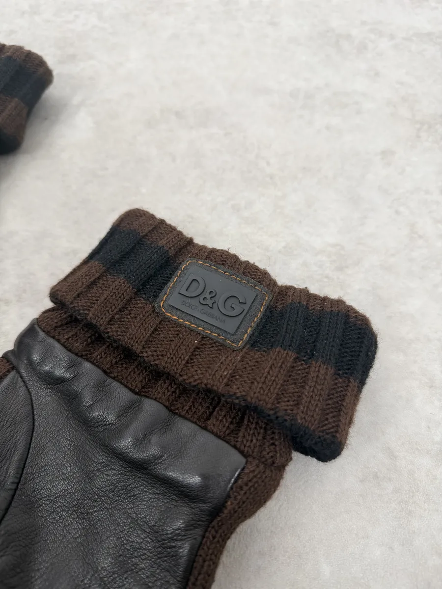 2000s Dolce & Gabbana Brown Wool & Black Leather Gloves - Image 5