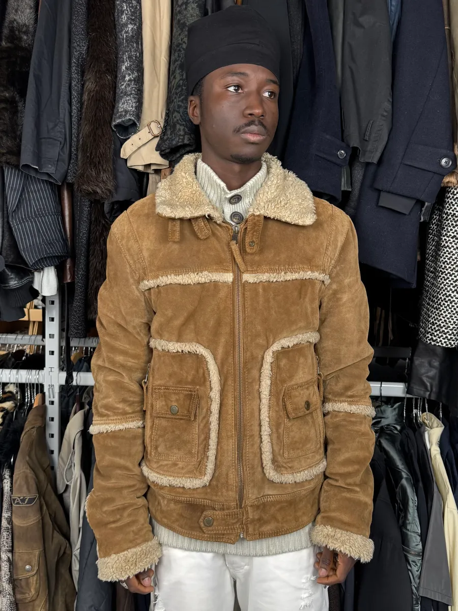 2000s Dolce & Gabbana Camel Beige Aviator Shearling Leather Jacket - Image 2