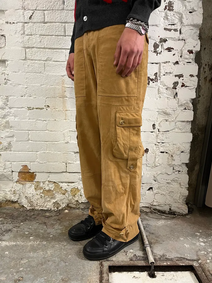2000s Dolce & Gabbana Camel Suede Leather Cargo Pants - Image 2