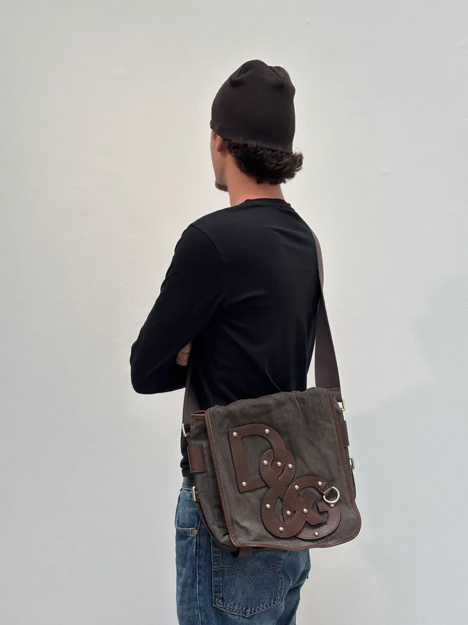 2000s Dolce Gabbana Canvas Leather Studded Shoulder bag - Image 3