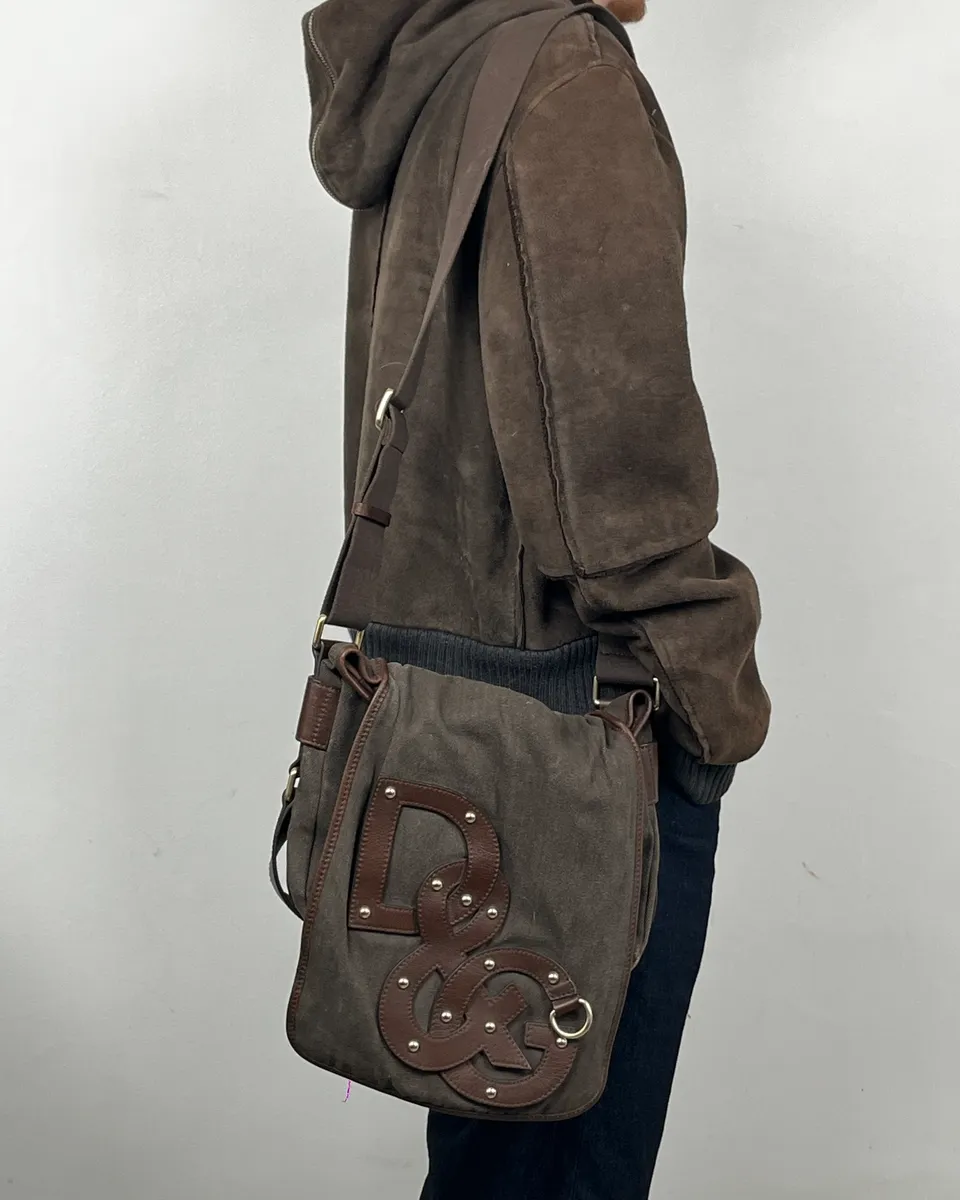 2000s Dolce & Gabbana Canvas Leather Studded Shoulder Bag - Image 2