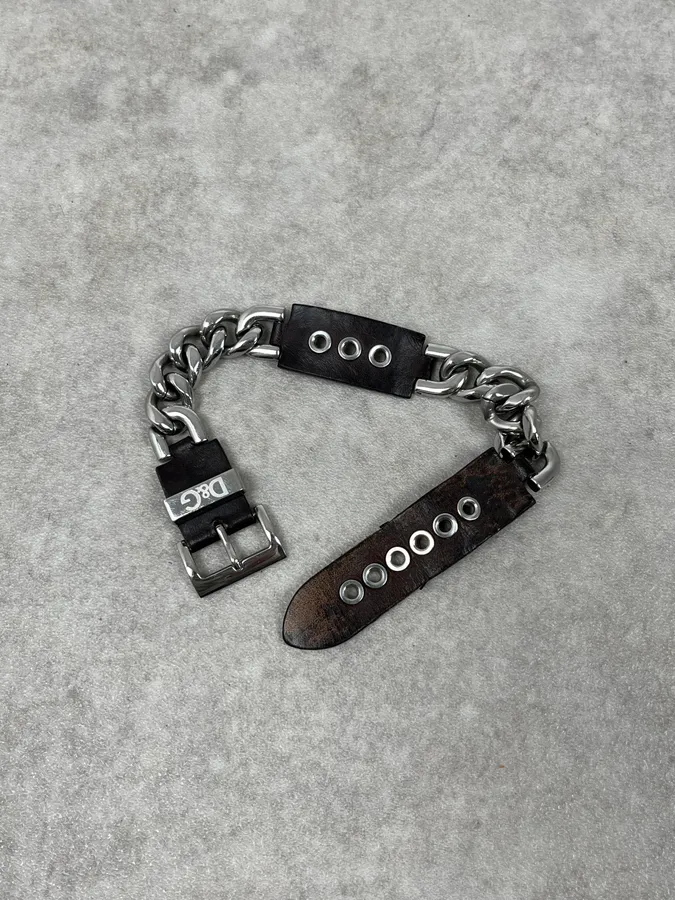 2000s Dolce & Gabbana Chain Brown Leather Belted Bracelet - Image 5