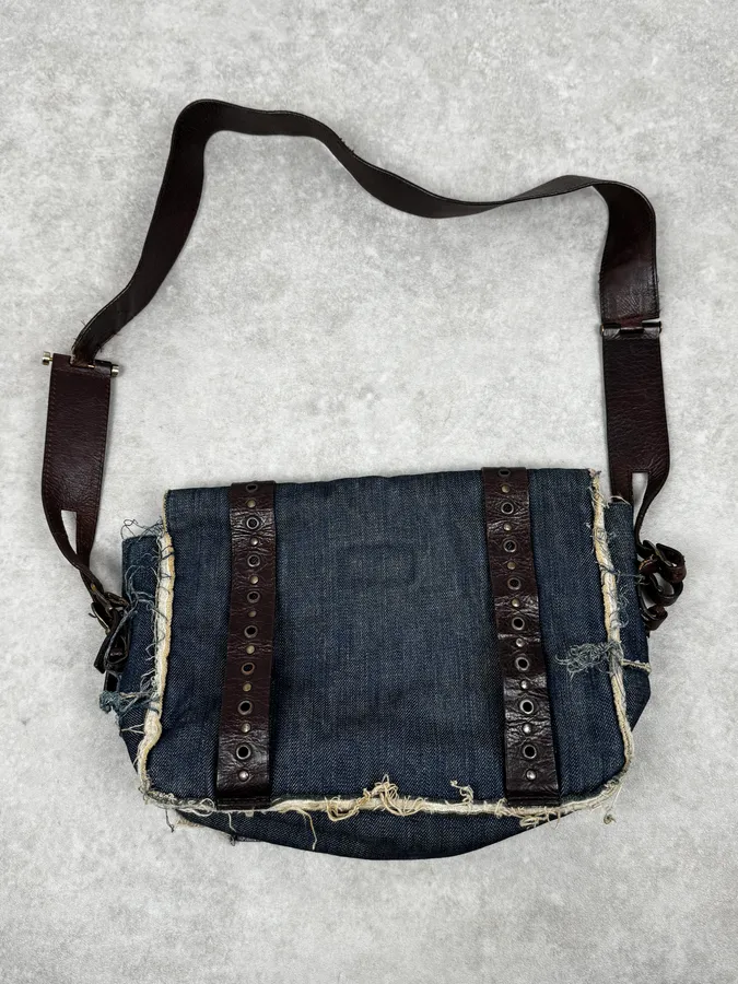 2000s Dolce & Gabbana Denim Studded Brown Leather Shoulder Bag - Image 4