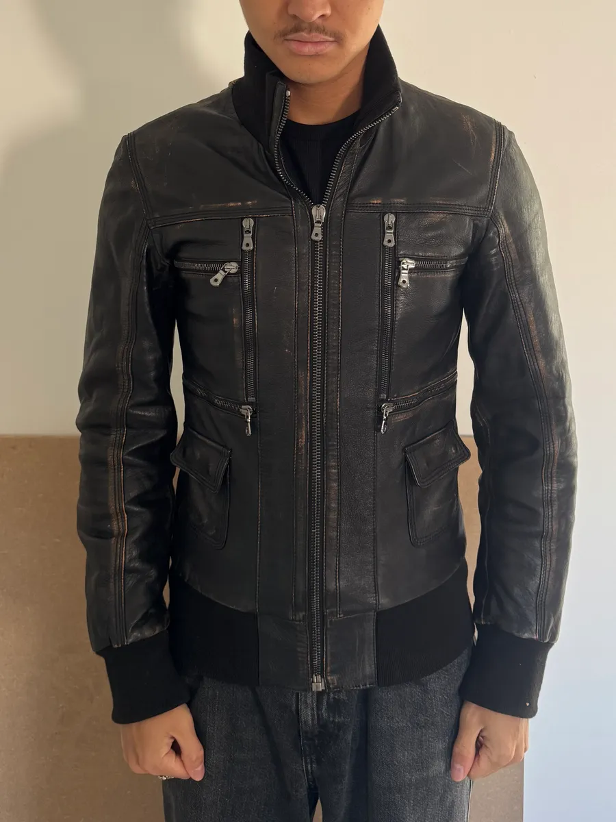 2000s Dolce & Gabbana Faded Brown Leather Zip Jacket - Image 2