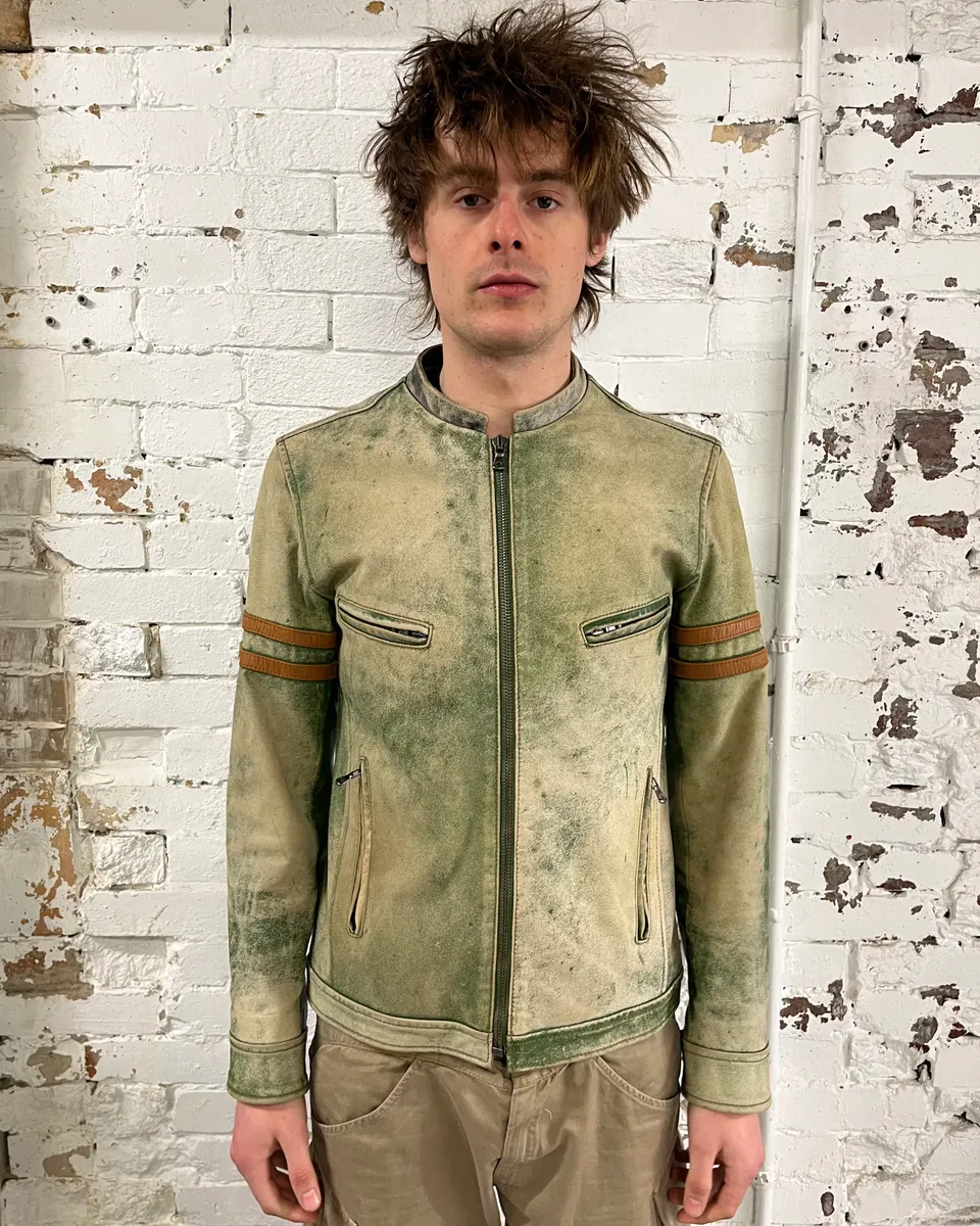 2000s Dolce & Gabbana Faded Green Eroded Leather Moto Jacket - Image 2