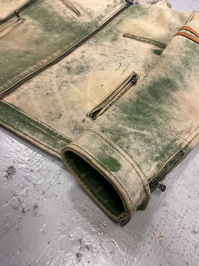 2000s Dolce & Gabbana Faded Green Eroded Leather Moto Jacket - Image 6