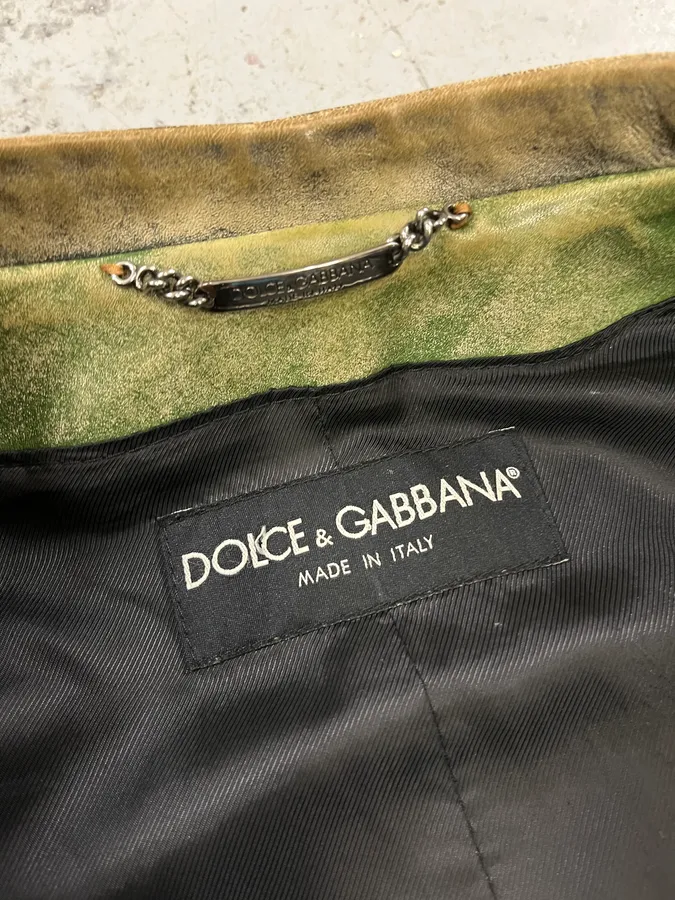 2000s Dolce & Gabbana Faded Green Eroded Leather Moto Jacket - Image 9