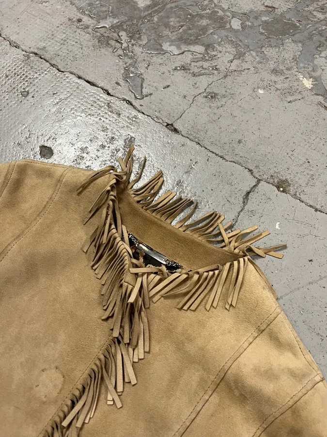 2000s Dolce & Gabbana Fringe Beige Suede Leather Jacket - Image 6