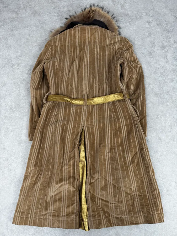 2000s Dolce & Gabbana Fur Collar Beige Corduroy Long Jacket - Image 4