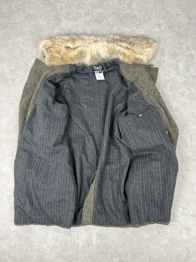 2000s Dolce & Gabbana Fur Collar Grey Wool Imperial Jacket - Image 8
