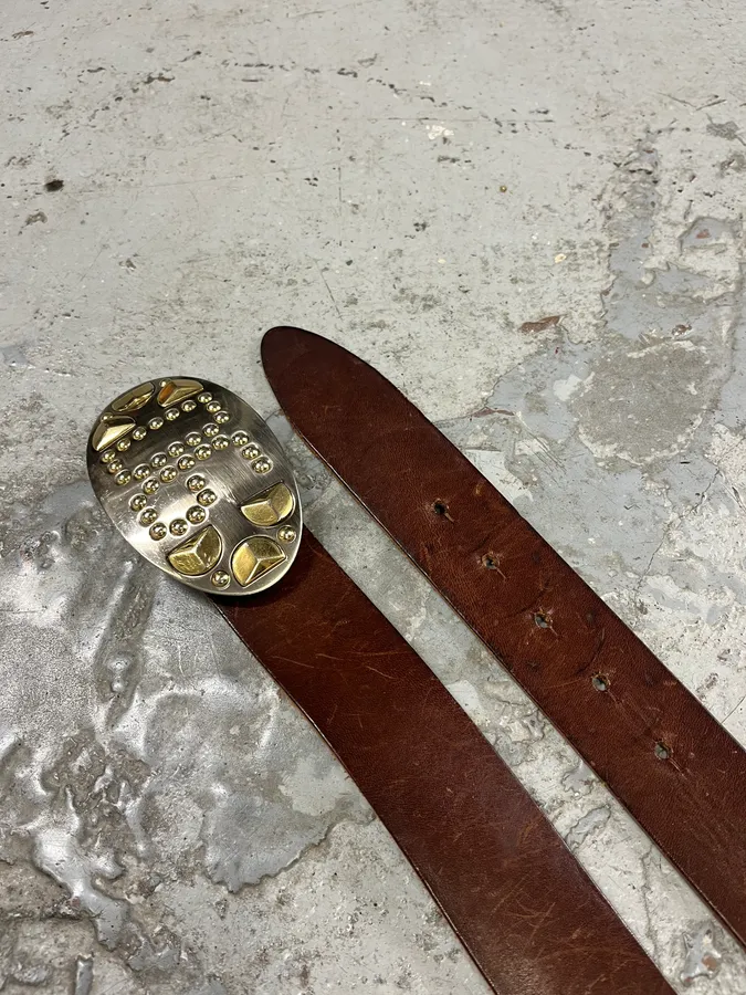 2000s Dolce & Gabbana Futuristic Golden & Silver Buckle Brown Leather Belt - Image 3