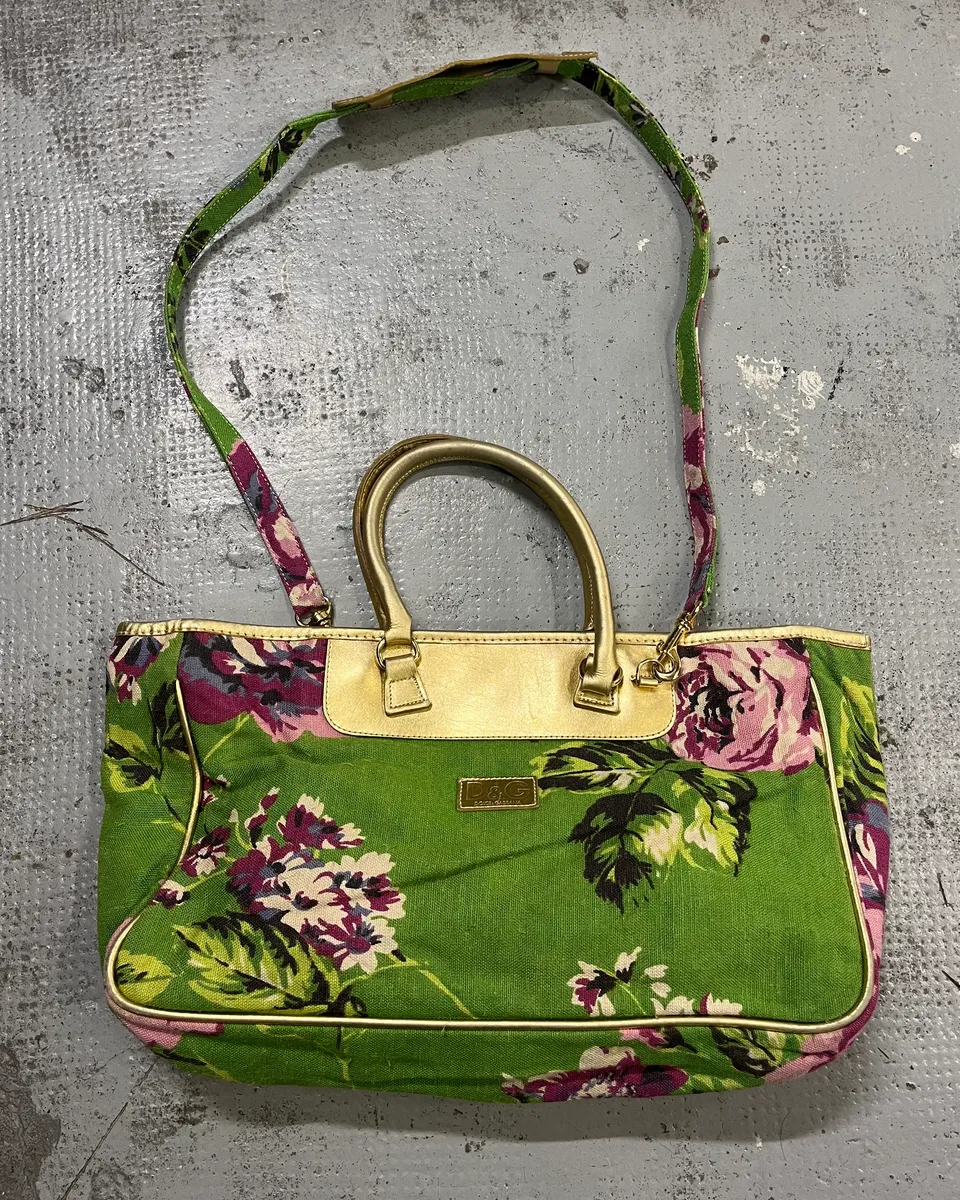 2000s Dolce & Gabbana Gold Leather Handle Green Floral Shoulder Bag
