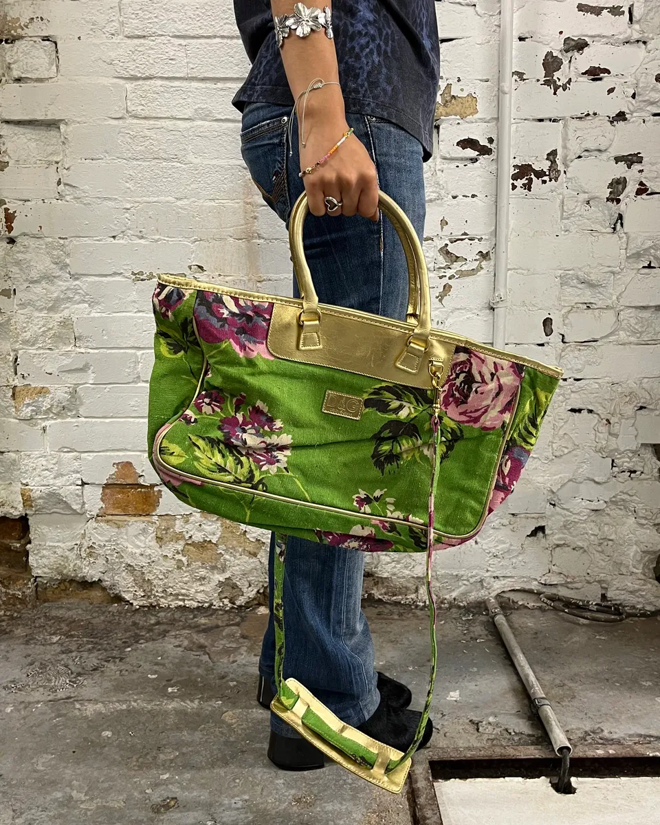 2000s Dolce & Gabbana Gold Leather Handle Green Floral Shoulder Bag - Image 3