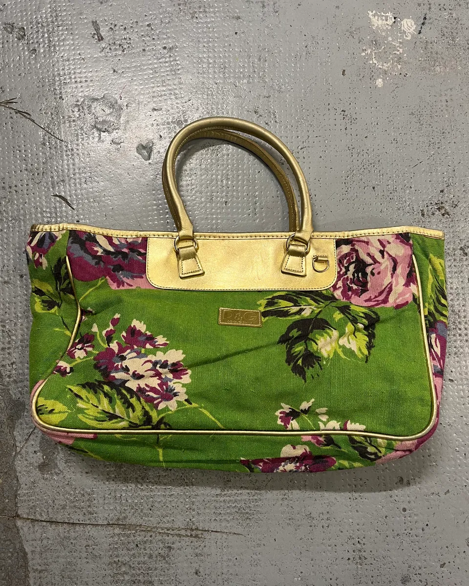 2000s Dolce & Gabbana Gold Leather Handle Green Floral Shoulder Bag - Image 4