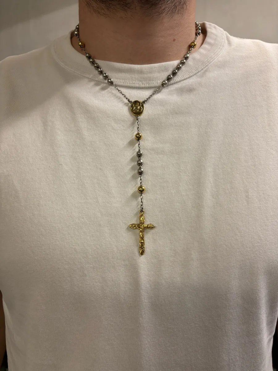 2000s Dolce & Gabbana Gold & Silver Catholic Rosary Cross Necklace - Image 3