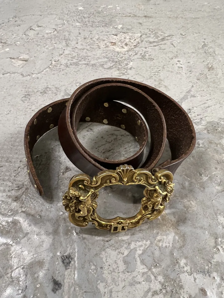 2000s Dolce & Gabbana Golden Angels Buckcle Leather Belt - Image 3