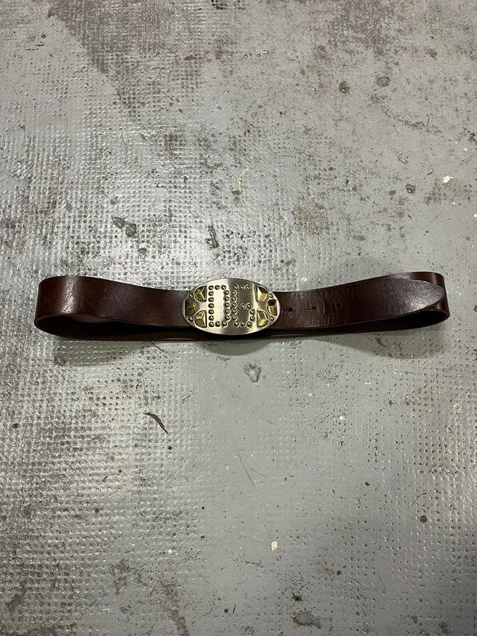 2000s Dolce & Gabbana Golden Futuristic DG Buckle Brown Leather Belt - Image 5