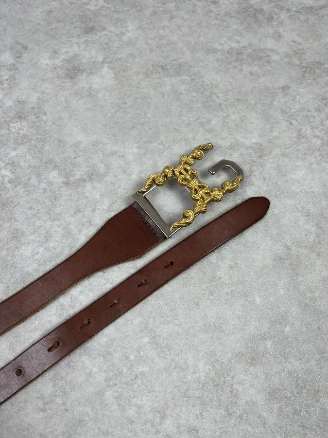 2000s Dolce & Gabbana Golden Ornament Buckle Brown Leather Belt - Image 3
