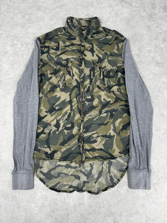 2000s Dolce & Gabbana Green & Grey Camo Hybrid Shirt