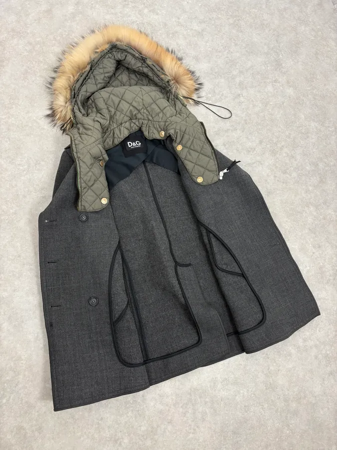 2000s Dolce & Gabbana Grey Detachable Fur Hooded Coat - Image 8