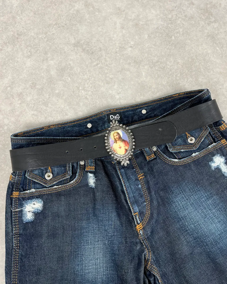 2000s Dolce & Gabbana Jesus Buckle Black Leather Belt