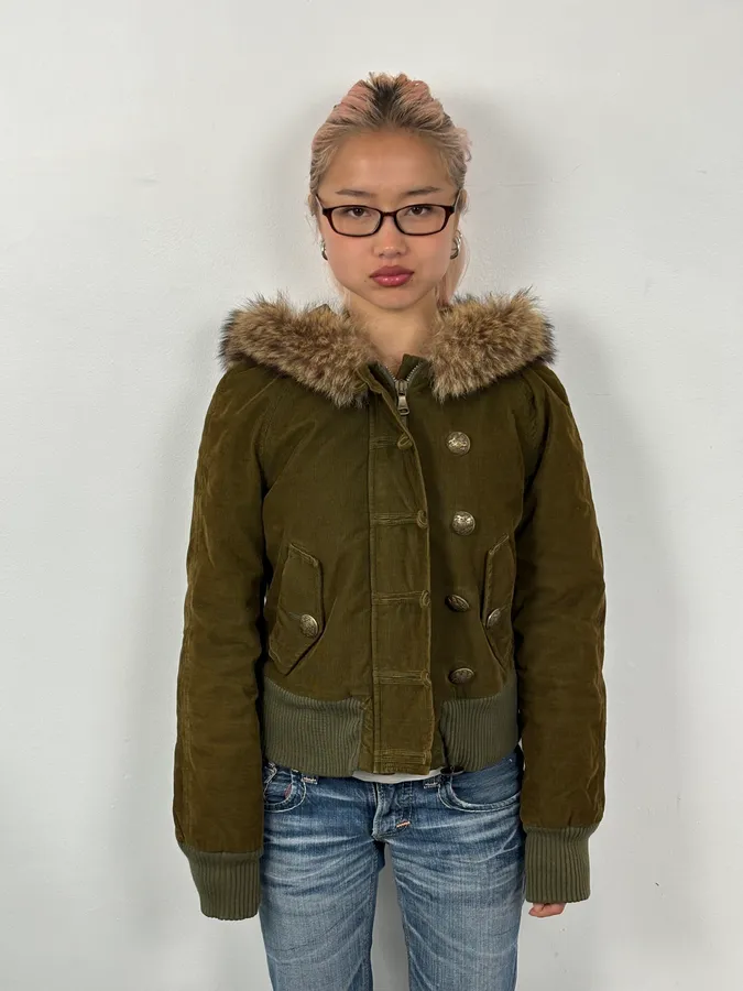 2000s Dolce & Gabbana Khaki Corduroy Fur Hooded Buttoned Jacket