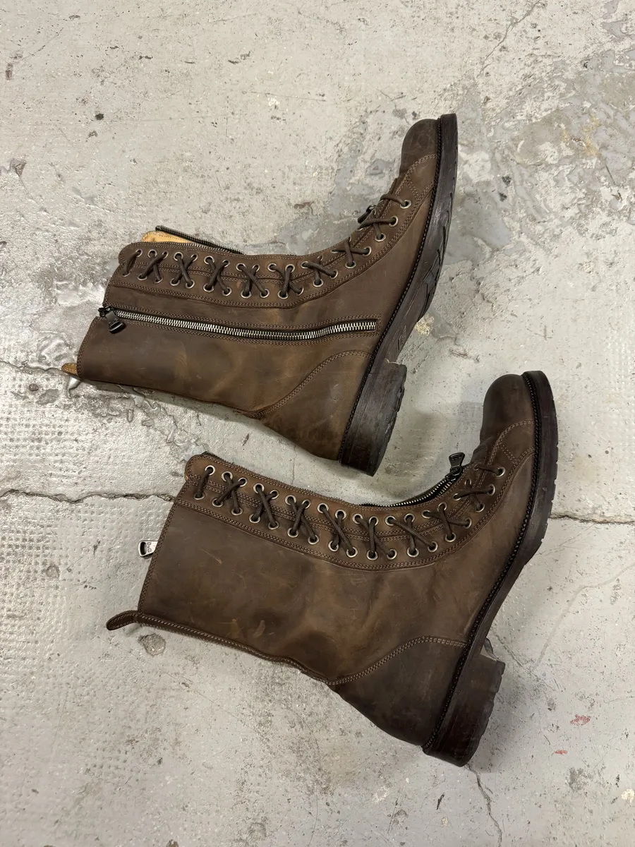 2000s Dolce & Gabbana Laced Multi Zips Eyelet Brown Ankle Boots - Image 5